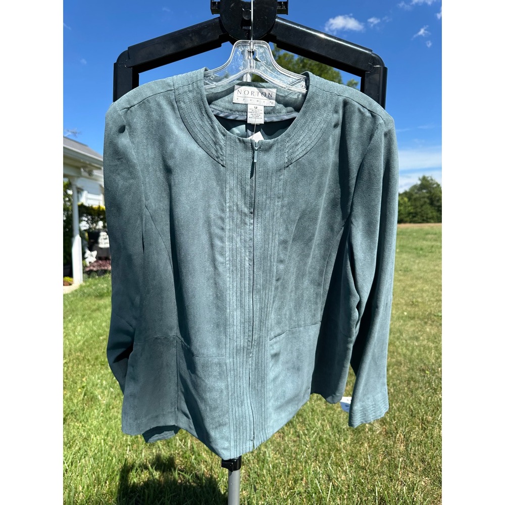 Norton Studio Women Ocean Blue Faux Suede Pintuck Zip Front Jacket Size 12 NEW
